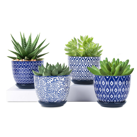 Selamica Ceramic Plant Pots, 4.6 Inch Flower Pots for Indoor Plants, Succulent Pots with Drainage Hole & Saucer, Succulent Planters for Succulent Cactus, Home Decor, Set of 4, Vintage Blue