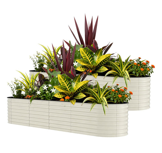 Garvee 2 Pack 8x2x1.5ft Galvanized Raised Garden Bed Kit, Oval Metal Planter Boxes with Anti-Cut Safety Edges, Rust-Resistant Deep Root Planters for Outdoor Vegetables, Flowers, Herbs, Beige
