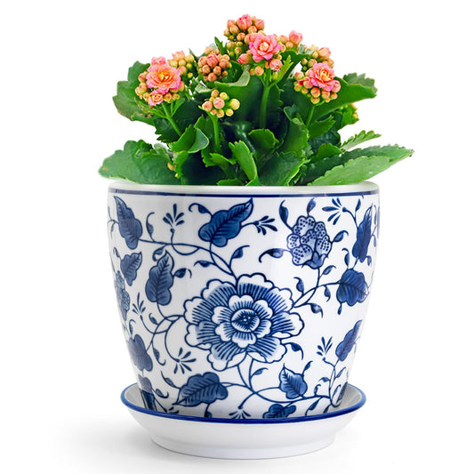 HakkaGirl 8 inch Ceramic Planters for Indoor Plants, Chinoiserie Decor Ceramic Pots for Plants Flower Plant Pots Indoor with Drainage and Saucer, Blue and White