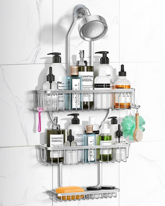Regine Switzerland Shower Caddy - Rust-Free Aluminum Hanging Organizer with 6 Hooks for Razors & Sponges | Silver