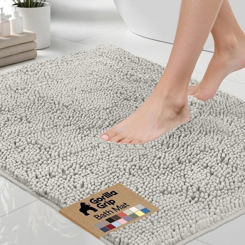 GORILLA GRIP Bath Rug Mat - Soft Absorbent Chenille | Quick Dry Microfiber, 48x24, Light Gray