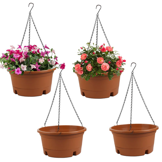 12 Inch Large Hanging Planters for Ootdoor Plants, 4 Pack Plastic Hanging Basket Pots with Drainage Trays & Chain, Hanging Pots for Plants Indoor Outdoor Garden Balcony Decoration (Terracotta)
