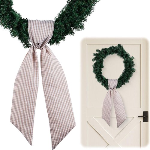 Beige White Gingham Wreath Sash - 5.12" Wide x 54.33" for Fall Thanksgiving Farmhouse Decor