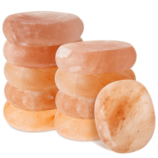 Swiffen 10 Pcs Flat Oval Massage Stone 3.5 x 1 x 2.6 Crystal Hand Carved Stone for Massages Therapy Himalayan Salt Massages Rocks Natural Pink Heated Warmer Stones for Spa Massage Salt and Sugar