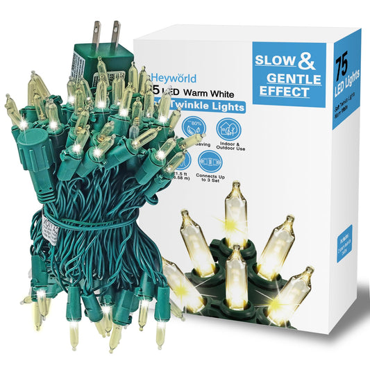 Slow Twinke Lights 75 LED Gentle Twinkling Christmas Lights, UL Certified Waterproof String Lights, 37 of 75 Lights Twinkle, 28 Feet, Connect Up to 3 Sets End to End, Indoor Outdoor Use