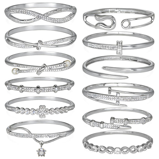 12 Pack Women's Zinc Alloy Gold/Silvery Bangle Bracelet Jewelry Bulk Set with Infinity Symbol, Safety Pin, Cross, Pearl, Clover, Star Pendant & Rhinestone Designs - For Daily Wear, Special Occasions & Women Gift for Her, Girlfriend, Wife, Mom, Sister, Lov