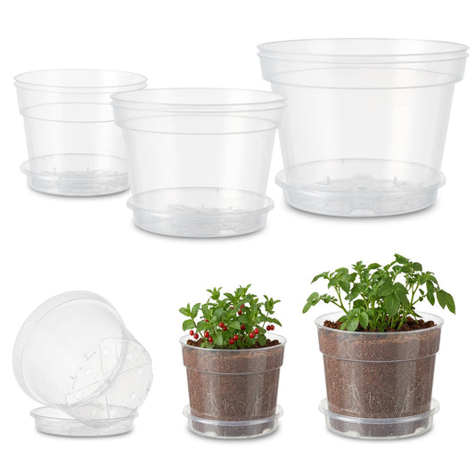 Garvee 6 Pack 6/8/10 Inch Clear Nursery Pots for Plants with Saucers, Thickened Plastic Plant Pots with Drainage Holes, Transparent Seeding Start Planters for Indoor Outdoor