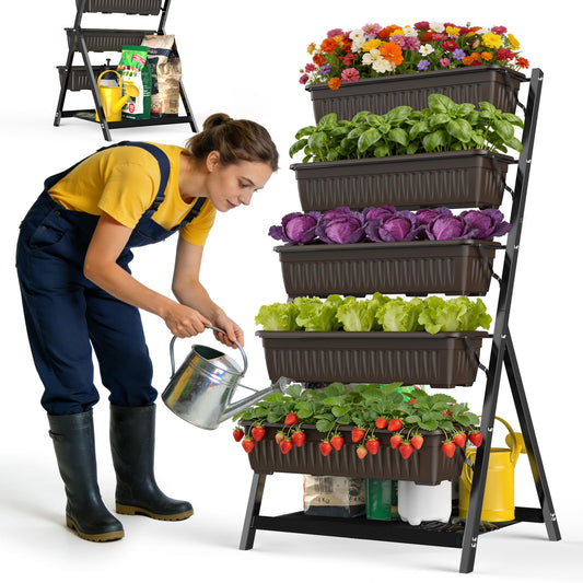 Olaiti 5-Tier Vertical Garden Bed Planter Boxes with Drainage System & Storage Space, Freestanding Vertical Garden Planter with 5 S-Hooks for Plants Vegetables Flowers Herbs in Garden Patio Yard