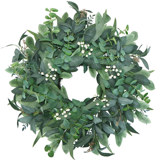BINFEN 24"-26“ Green Eucalyptus Wreaths for Front Door with White Berries – Lifelike Spring, Summer, and Winter Wreath for Farmhouse Front Porch, Window, Door Decor