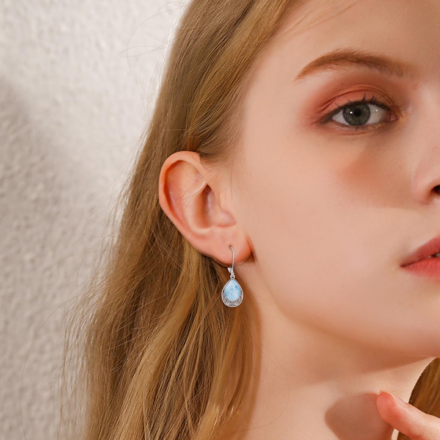 VONALA Larimar Earrings 925 Sterling Silver Larimar Leverback Earrings Teardrop Dangle Dangling Earrings Filigree Jewelry Gift for Women