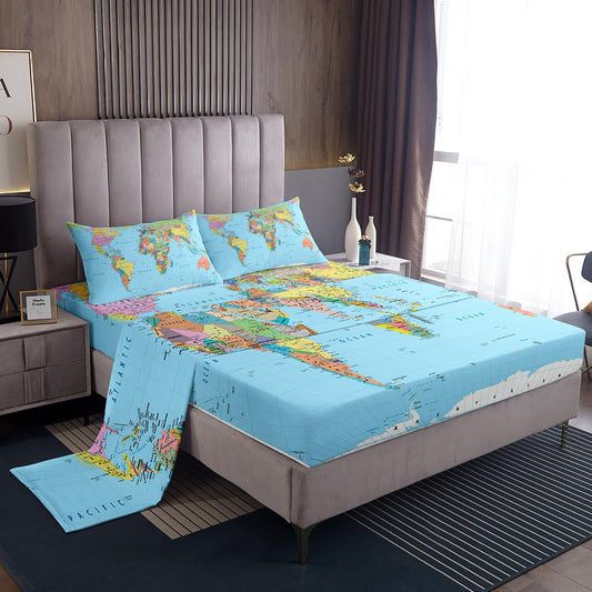 Erosebridal World Map Bed Sheets Queen Multicolored Sheet Set 3D Geography Blue Ocean Bedroom Decor Fitted Sheet America Europe Asia Africa deep Pocket Bed Sheet Set