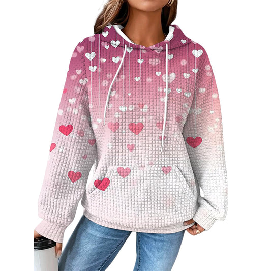 Valentines Day Outfit Women Heart Print Pullover Waffle Outdoor Warm Oversized Clothing Fashion Hooded Sweatshirt 2025 Spring Fashion Casual Elegant Dressy Cute Graphic Hoodies With Pockets,4XL