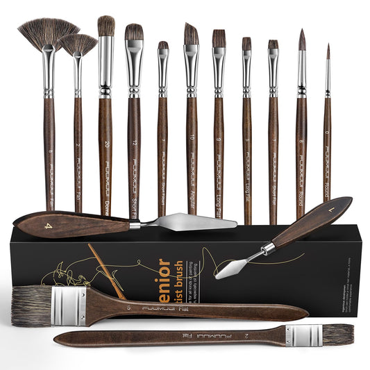 Oil Paint Brush Set, 15Pcs Fuumuui Professional Paint Blending Brushes Natural Badger Bristle with Flat, Fan, Angle, Round, Filbert for Acrylic Oil Painting with 2pc Palette Knife