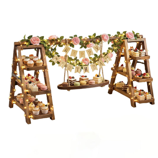 3 Tier Wooden Cupcake Stand with Swing and Flower Decoration, Dark Brown Natural Wood Dessert Swing Display Serving Set with Removable Trays, Rustic Wedding & Party Dessert Stand