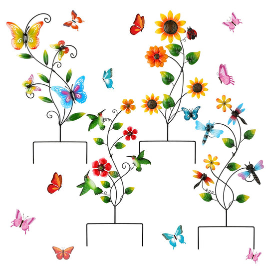 Menkxi 4 Pcs Butterfly Metal Garden Stakes Hummingbird Sunflower Dragonfly Flowers Garden Stake Decor Metal Wall Decor Trellis for Climbing Plants Outdoor Spring Art Housewarming Gift, 4 Styles