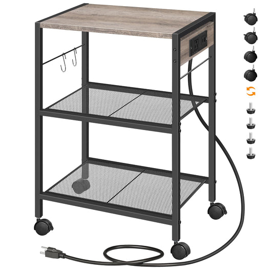 HOOBRO Industrial Printer Stand, 3-Tier Mobile Printer Table, Rolling Cart with Power Outlets and USB Ports, Home Printer Stand with 2 Hooks, for Office, Living Room, Greige and Black BG22UPS01