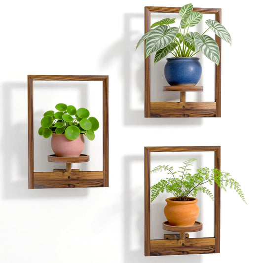 NATURE'S SOURCE Hanging Planters for Indoor Plants Wall Decor, Wooden Floating Shelves for Wall Planter, Window Plant Shelves Hold 22 lbs, Farmhouse Decor 16.5" x 11.8" (3 Pack)