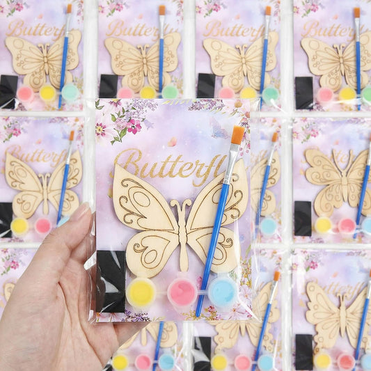 24 Pack Butterfly Party Favors - Non-Toxic Wooden DIY Butterflies Paint Craft - with Magnet Luminous Pen Diamond Sticker - Butterfly Birthday Party Supplies Goodie Bag Gift Prize for Kids Girl Toddler