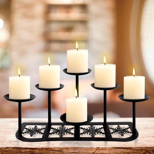 Fireplace Candelabra | Matte Black Metal Candle Holder with 6 Stands for Pillar Candles - Elegant Mantle Decor