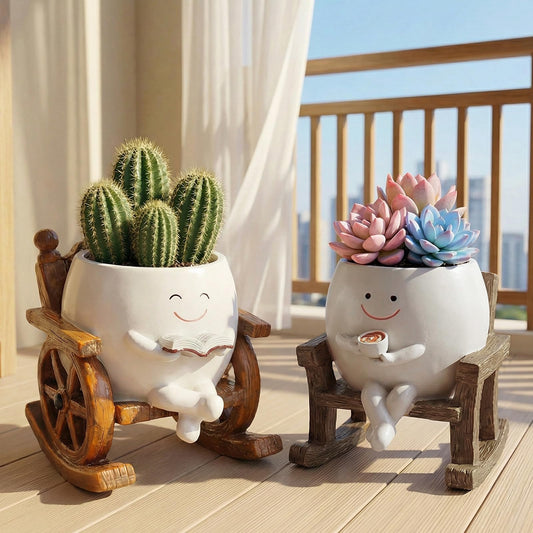 Vorruil 2 PCS Rocking Smily Face Planter Pot, Cute Plant Pots for Indoor Outdoor Plants with Drainage Hole, Unique Flower Succulent Pots Gifts for Father Mother Birthday