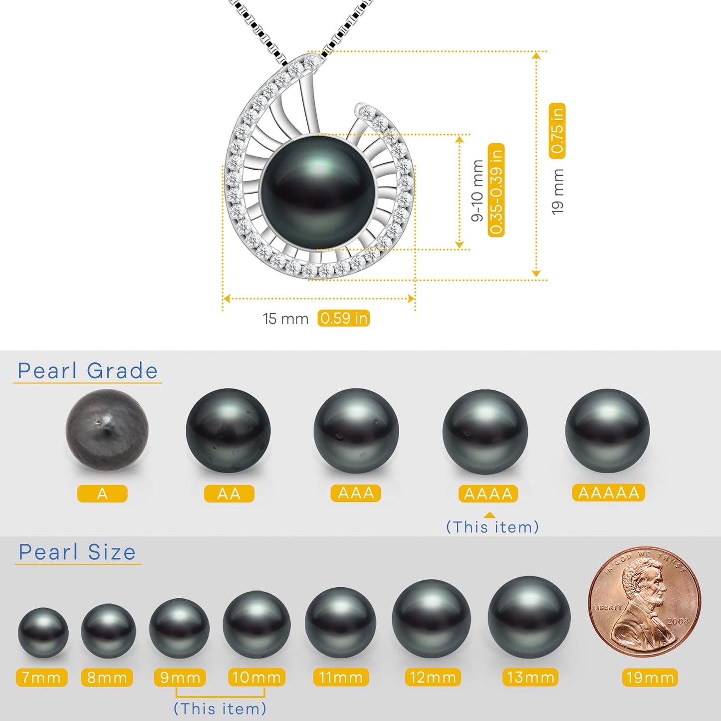 Atopearl Lucky Conch Tahitian Black Pearl with Moissanite Pendant Necklace, 9-10MM AAAA Pearl Gifts for Women Wife Wedding Birthday Anniversary Valentines