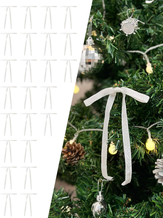 SIMISI Ribbon | 24 Pcs White Glitter Velvet Christmas Tree Bows - Sparkling Door Garland Decor (3/8'' Width, 5 x 7 Inch)