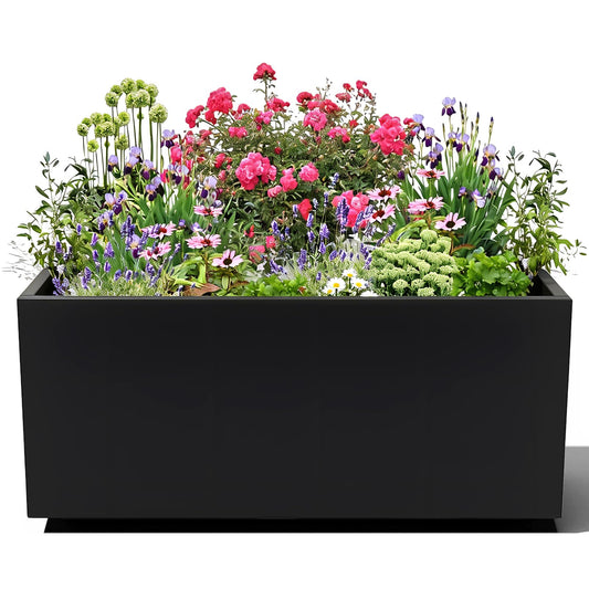 XHIKOWAT Large Rectangular Metal Planter Boxes - 35" Lx15 Wx15 H Balcony Flower Bed with Drainage Holes & Raised Bottom for Outdoor Indoor Garden Patio Porch Lawn, Black