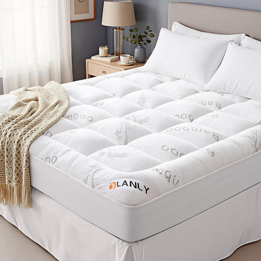 OLANLY Queen Mattress Topper - Cooling Bamboo Viscose Pillow Top for Back Pain Relief | Plush White Deep Pocket