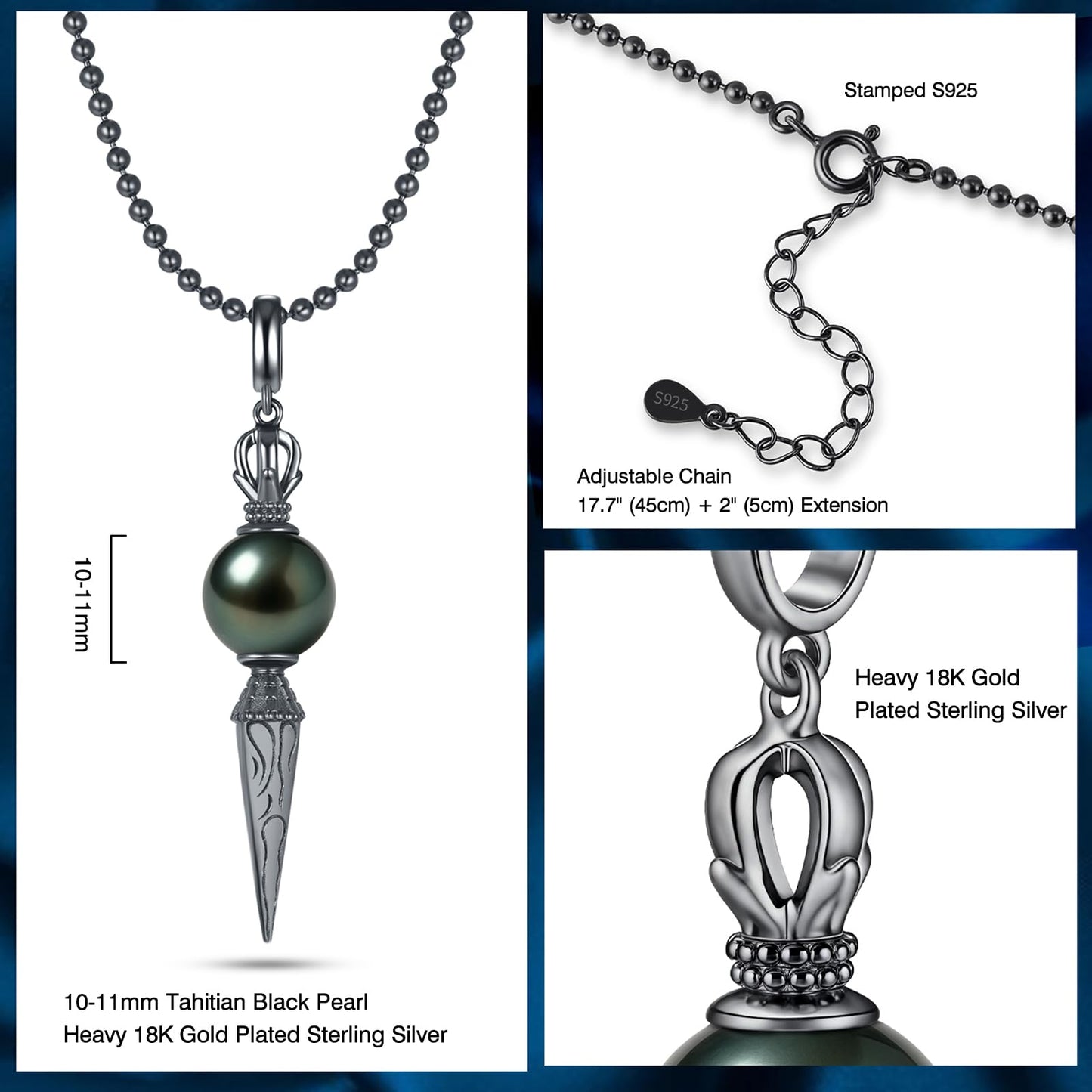 Natural Tahitian Black Pearl Necklace - Christmas Gift for Women Daughter Sister, Jewelry Gifts for Wedding Anniversary Birthday, 10-11mm Seawater Pearl with Sterling Silver Moissanite Crown Pendant