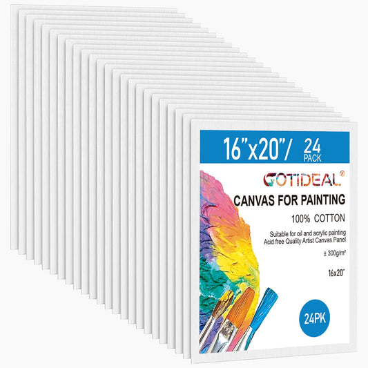 Gotideal Canvas Boards for Painting, 24pcs 16x20 Primed Canvas for Painting, Bulk Painting Canvas for Kids and Adults, White Blank Canvas Panels for Acrylic, Oil, Pour Art Supplies