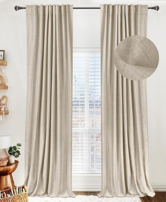 Skiennix 100% Blackout Linen Curtains - Thermal Insulated Drapes, 50" W x 108" L, Oatmeal | 2 Panels Set