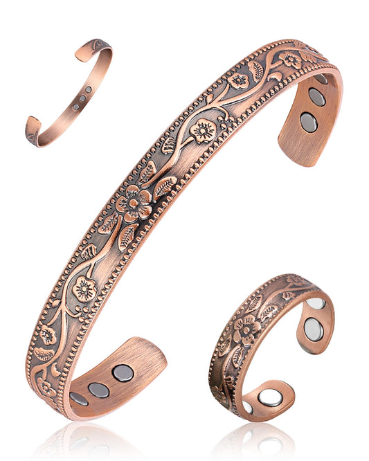 BioMag Magnetic Copper Bracelet & Lymphatic Drainage Ring for Women, 99.99% Pure Copper Magnetic Cuff Bangle with 11 Pcs 3500 Gauss Magnets, Adjustable Size, Floral Vine Pattern