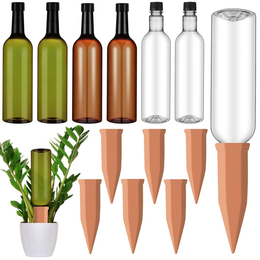 SiliFine 6 Sets Plant Watering Devices Include Terracotta Self Watering Spikes and 26 oz Plastic Bottles, Slow Release Vacation Insert Automatic Plant Waterer Device (Green Clear Brown and Terracotta)