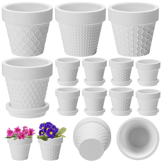 Meanplan 12 Pcs 3 Inch DIY Ceramic African Violet Pots with Saucer Unpainted Ceramic Paintable Flowerpots Small Embossed Flower Pots for Garden Windowsill Indoor Outdoor Wedding Favors Gifts