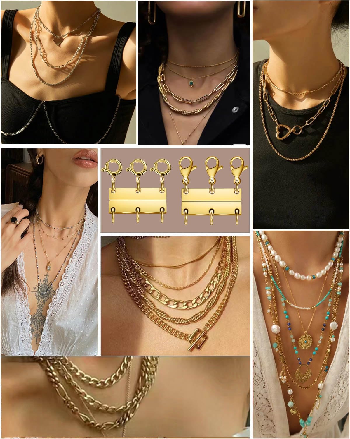 Layering Magnetic Necklace Clasps, Multiple Necklace Clasp,Necklace Clasps for Layered Look，Stainless Steel Chain Link Clasps for Necklaces and Bracelets, Silver, Gold (2golden 3golden A)
