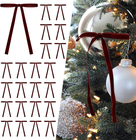 SIMISI Velvet Ribbon Bows - 24Pcs Burgundy Christmas Decorations for Tree, Wreath & Garland | 3/8'' Width, 5x7 Inch