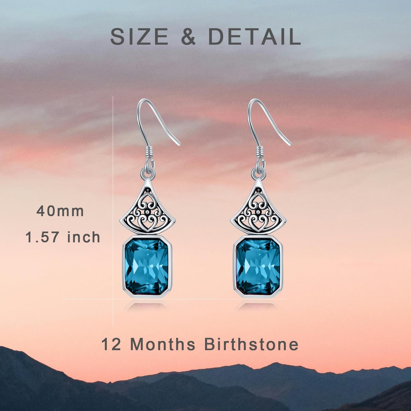 Vintage Earrings 925 Sterling Silver Oxidized Dangle Drop Earrings with Emerald Cut Blue Zircon December Birthstone Anniversary Jewelry Gifts for Women