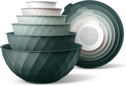 COOK WITH COLOR Mixing Bowls - 12-Piece Plastic Nesting Set with Lids, Microwave Safe, Green Diamond