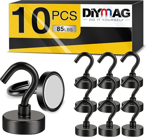 DIYMAG Magnetic Garage Hooks - Heavy Duty 85lbs Capacity | 10 Pack for Classroom, Kitchen, and Wall Mount - Black
