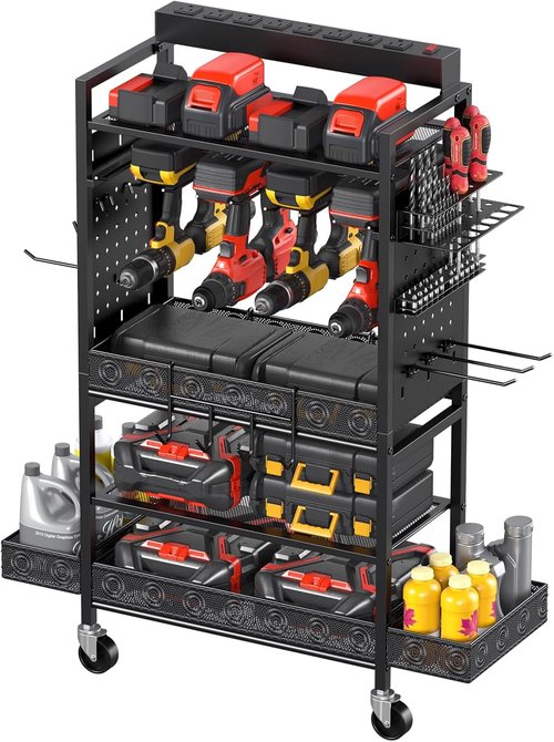 CCCEI Garage Power Tools Organizer Cart - Rolling Tool Storage with Charging Station | Black, Floor Standing