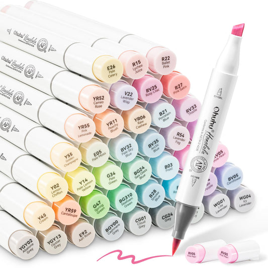 Ohuhu Pastel Alcohol Brush Markers- 48 Colors of Honolulu Sweetness - AP Certificated -Alcohol Based Double Tipped Art Marker Set for Artist Adults Coloring Illustration- Brush & Chisel - Refillable