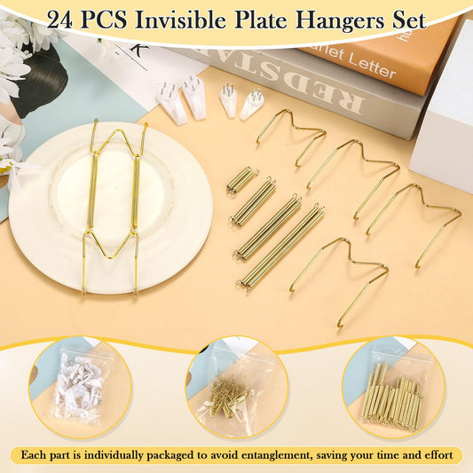 24 Pack Plate Hangers for Wall Display, 6/8/10/12 Inch Invisible Stainless Steel Plate Holders with Wall Hooks, Fit 5.5–12.5 Inch Decorative Plates, Plate Display Hangers for Home Wall Decor, Gold