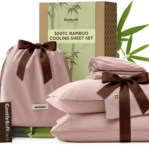 Bedsure Bamboo Viscose Cooling Sheets - Breathable & Buttery Soft Queen Size Bed Set | Deep Pocket Up to 18" - Rose Pink