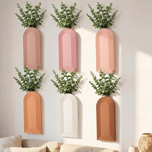Ferrochef 6 Pack Boho Wooden Wall Vase Hanging Wall Planters Decor Modern Farmhouse Plant Holders for Indoor Living Room Bedroom Bathroom Kitchen Home Office Decoration(Light Colors)