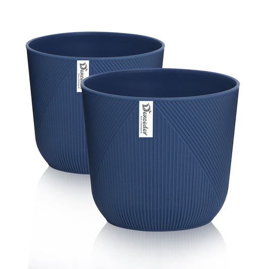 Dexceder 10x9 Striped Table Flower Plant Pot with Drainage Hole & Removable Plug (2 Pack, Deep Blue)