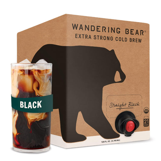Wandering Bear Straight Black Organic Cold Brew Coffee On Tap, Iced Coffee Drink - Extra Strong, Bold, Smooth, No Sugar Added, Shelf-Stable, Ready to Drink & Vegan, 100% Organic - 128 fl oz (1 gallon)