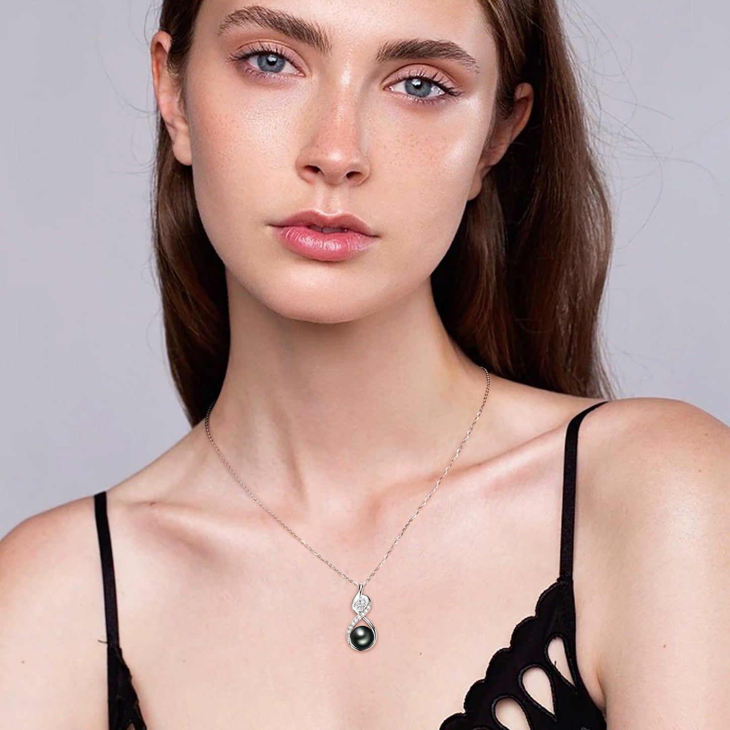 Tahitian Black Pearl Necklaces for Women, 925 Sterling Silver Pearl Pendant Necklace with Cubic Zircon, Birthday Anniversary Jewelry Gifts for Wife Mom