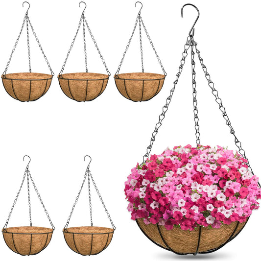 ZeeDix 6 Pack 14 Inch Metal Round Hanging Planter Basket with Coconut Liners Replacement, Hanging planters Baskets with Natural Coco Liner for Outdoor Indoor Planters Flowers Vegetables