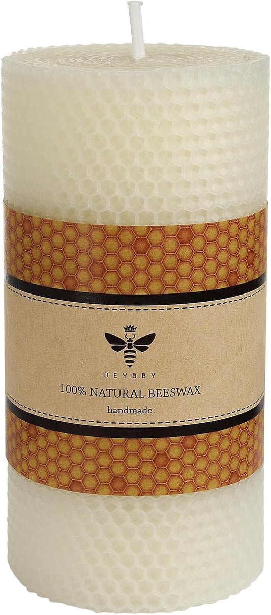 White Beeswax Pillar Candle - Handmade Pure Beeswax Rolled Candle for Gift & Home Decor (3×6 in)