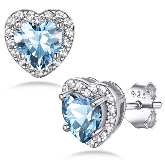 Bestyle 925 Sterling Silver Love Heart Cubic Zirconia Earrings March Aquamarine Birthstone Stud Earrings for Women, Hypoallergenic Earrings for Sensitive Ears